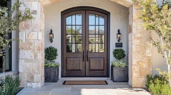 Fototapeta Elegant front door design luxury home entrance photography outdoor setting wide angle modern aesthetics