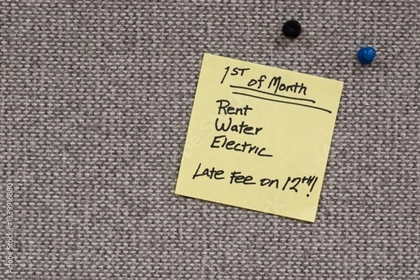 Fototapeta Sticky note reminder for utilities due on the First of the Month