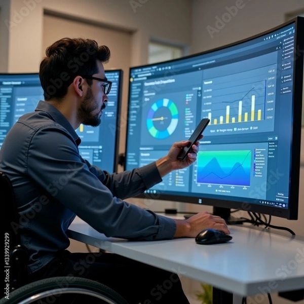Fototapeta man wheelchair sitting desk front two computer monitors wearing blue shirt glasses holding smartphone his hand man appears focused screen one monitors which displays various graphs charts monitor pie
