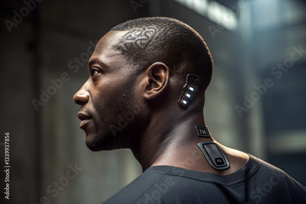 Obraz black man captured from a back-side angle, showing the left side of his head and neck. Buttons and lights, embedded in the skin, symbolizing artificial intelligence and human-machine integration