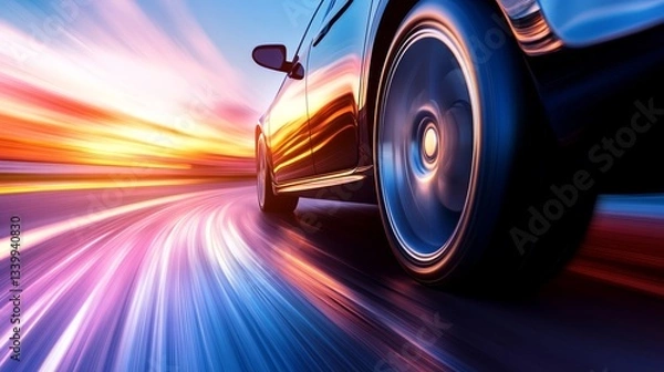 Fototapeta Dynamic motion of a car racing along a vibrant sunset-lit road with blurred light