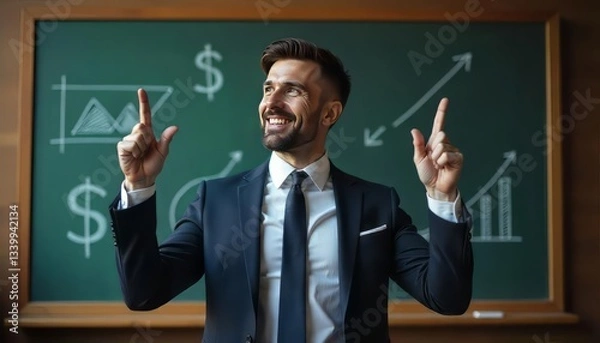Fototapeta Middle aged male financial advisor explaining embedded finance risks and returns in graph