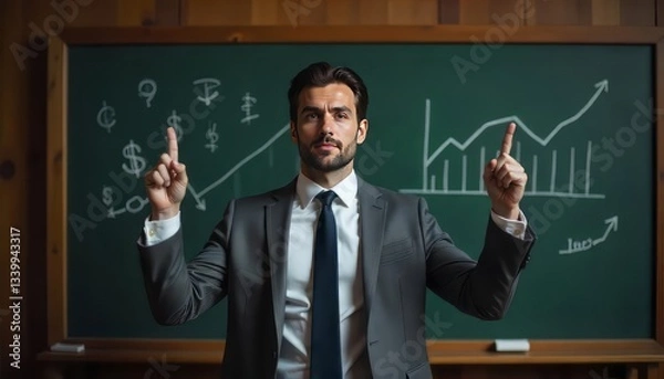 Fototapeta Middle aged male financial advisor explaining embedded finance risks and returns in graph