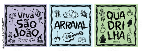 Fototapeta Festa de S?o Jo?o. Festa Junina posters, with isolated elements in the style of Brazilian cordel. Colorful and editable, for printing, fabric, banners