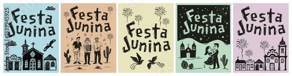 Fototapeta Set of posters for the June festival, a typical Brazilian holiday. In the style of the Northeastern cordel, made using the woodcut technique. 