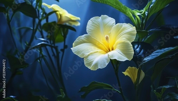 Fototapeta Beautiful yellow flower illuminated in a mysterious, moonlit garden.
