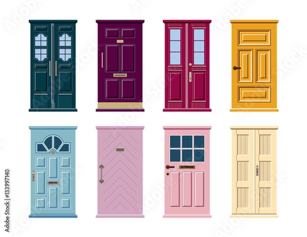 Fototapeta Vector set of colorful door icons isolated on white background. Blue, pink, yellow, green, violet, purple, turquoise
