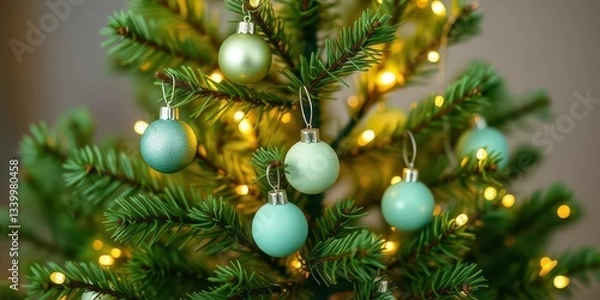 Fototapeta Miniature evergreen Christmas tree adorned with green pastel ornaments and white fairy lights, whimsical and delicate, green, season's greetings