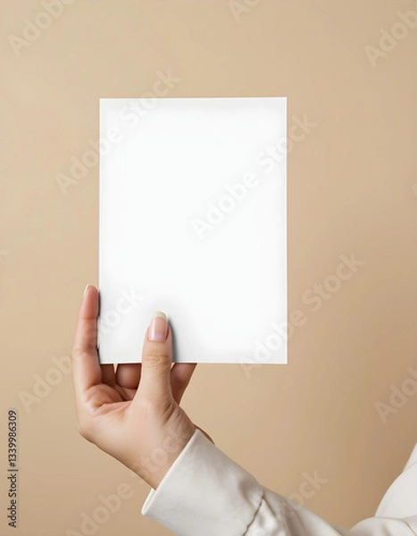 Obraz mockup of vertical A6 greeting card being held by a woman's hand, 4:5