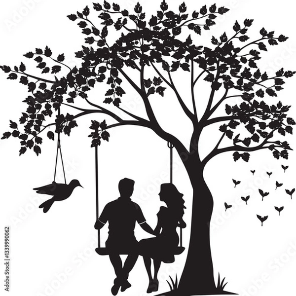 Fototapeta Silhouette of a Couple Sitting on a Swing Underneath a Tree