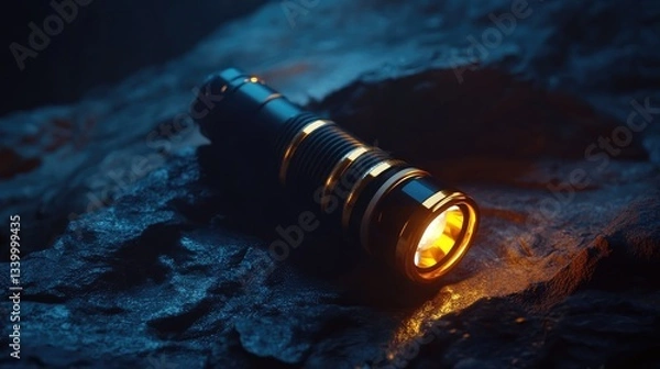 Fototapeta A handheld dynamic microphone with gold accents, glowing against a dark cinematic background