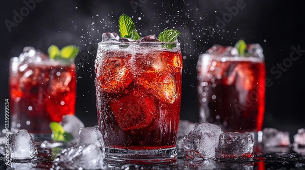 Fototapeta Red cans of cola, cola surface ice fog, black background, poured into a transparent glass, ice, mint, poured cola spilled
