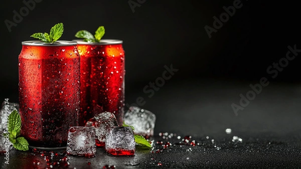 Fototapeta Red cans of cola, cola surface ice fog, black background, poured into a transparent glass, ice, mint, poured cola spilled