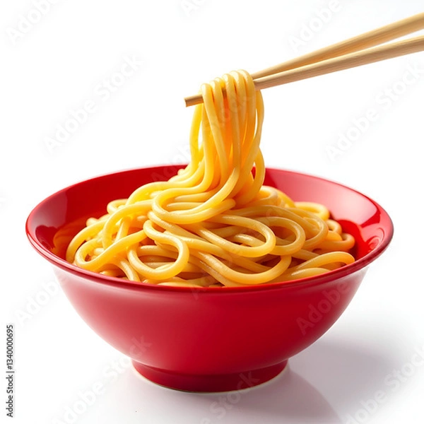 Fototapeta Delicious Noodles In Red Bowl With Chopsticks