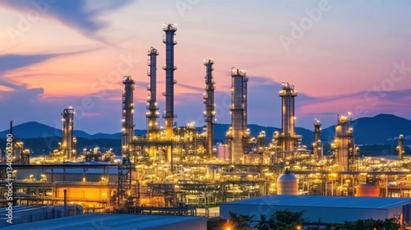 Obraz Illuminated Refinery at Dusk, Panorama of Industrial Might