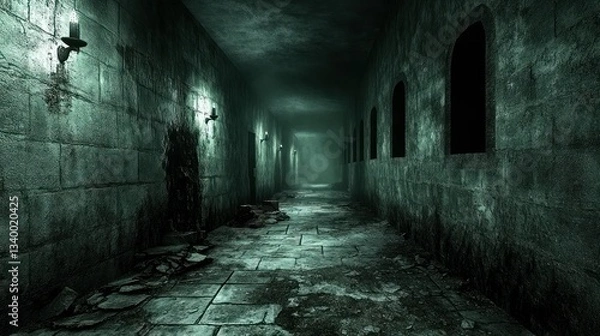 Fototapeta Dark, eerie, stone hallway.  Dimly lit passageway with aged, decaying walls