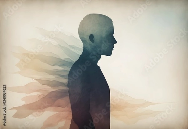 Obraz A fading silhouette dissolving into the background, symbolizing emotional exhaustion and losing oneself to stress or depression. A minimalist abstract concept for mental health themes.