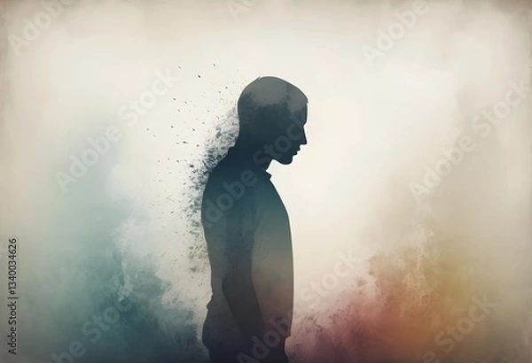 Obraz A fading silhouette dissolving into the background, symbolizing emotional exhaustion and losing oneself to stress or depression. A minimalist abstract concept for mental health themes.