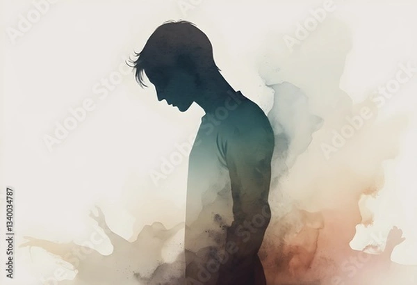 Obraz A fading silhouette dissolving into the background, symbolizing emotional exhaustion and losing oneself to stress or depression. A minimalist abstract concept for mental health themes.