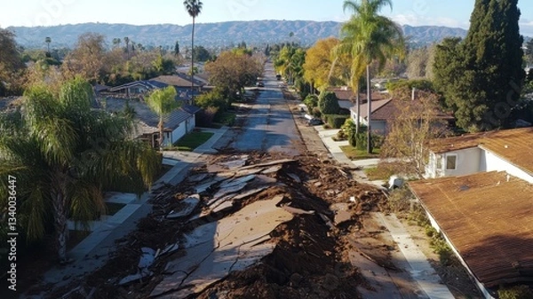 Fototapeta Suburban Street Damaged by Landslide Mudflow Debris