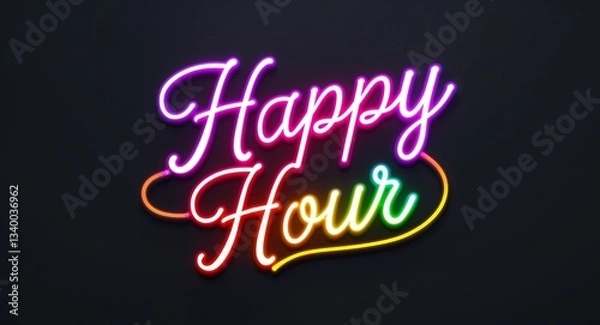 Fototapeta happy hour glowing colorful neon cursive calligraphy lettering on plain black dark background