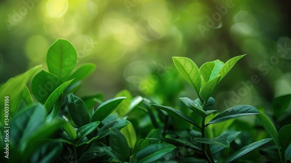 Fototapeta Lush green leaves with soft bokeh background create serene atmosphere
