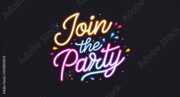 Fototapeta join the party glowing colorful neon cursive calligraphy lettering on plain black dark background