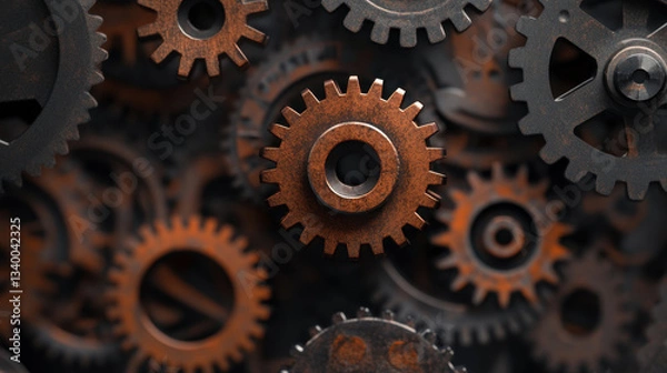 Fototapeta Vintage gears create intricate pattern, showcasing their mechanical beauty and historical significance. rusted textures add character and depth to this industrial scene