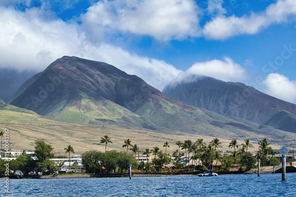 Fototapeta Lahaina and west maui mountains seen from a whale watch boat.