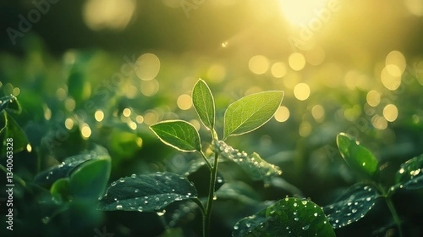 Fototapeta A young plant covered in dew, shining bright in the sun. It's perfect to represent growth, nature, and a fresh start.