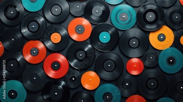 Fototapeta Colorful vinyl records arranged in a vibrant pattern
