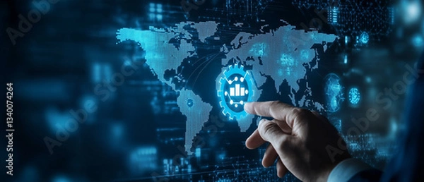 Fototapeta Businessman touching a digital gear icon with a map of the world on a virtual screen for a global business and information technology concept, with a blue color tone background and banner design.