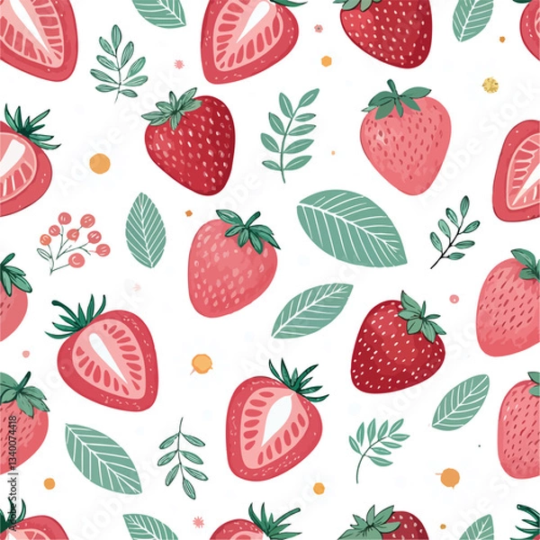Fototapeta Seamless Abstract Summer Strawberry Pattern with Whole and Half Fruits on white background
