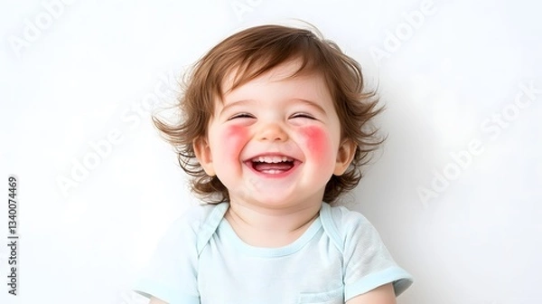 Fototapeta Close up portrait of a cheerful laughing child with rosy glowing cheeks set against a clean bright white studio background