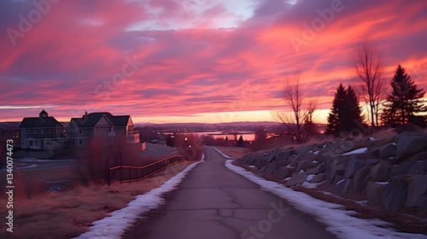 Fototapeta Roadway with a breathtaking sunset in the background captured in a time-lapse image showcasing climatic cycles and seasonal changes.