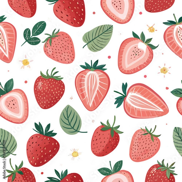 Fototapeta Seamless Abstract Summer Strawberry Pattern with Whole and Half Fruits on white background