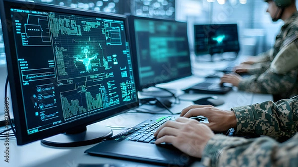 Obraz Military personnel in uniform monitoring and controlling an advanced command and control console for anti drone defense