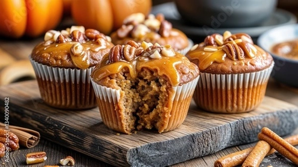 Fototapeta Plump pumpkin muffins sit invitingly adorned with a golden caramel glaze and crunchy nuts, evoking the cozy essence of autumn festivities in a warm, rustic setting.