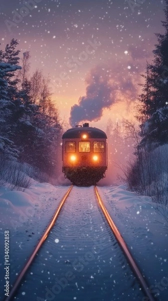 Fototapeta Winter railway scene featuring a vintage train amidst a snowy landscape