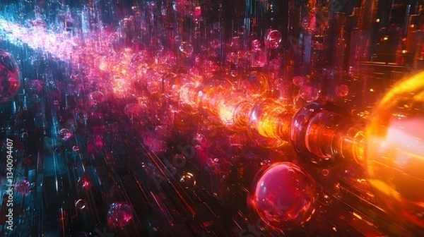 Obraz A vibrant, futuristic cityscape filled with glowing spheres and neon light trails. Technology and Innovations . Oil Production Process Theme Background Nanotechnology applications in oil refinery