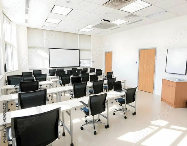 Fototapeta An empty classroom featuring tables chairs laptops and a projection screen