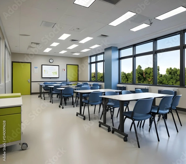 Fototapeta An indoor classroom with tables chairs and large windows with a view