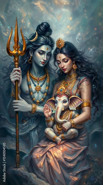Fototapeta Divine depiction of Hindu deities Lord Shiva, Goddess Parvati, and Lord Ganesha, symbolizing love and spirituality set in a mystical celestial background