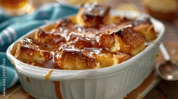 Fototapeta A delicious Easter bread pudding drizzled with caramel sauce
