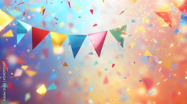 Obraz Pastel Party Bunting with Confetti – Soft Festive Celebration Background