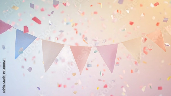 Obraz Pastel Party Bunting with Confetti – Soft Festive Celebration Background