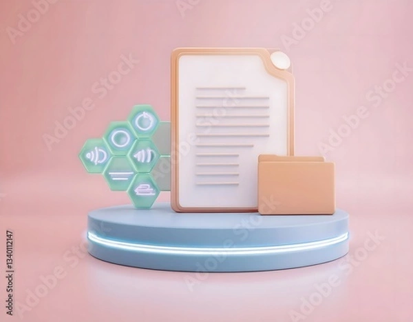 Fototapeta Financial inclusion, economy and technology : 3D icon of Smart contracts, decentralized finance ecosystem, futuristic finance.