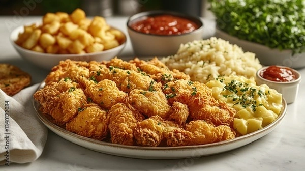 Fototapeta Crispy fried food platter with sides