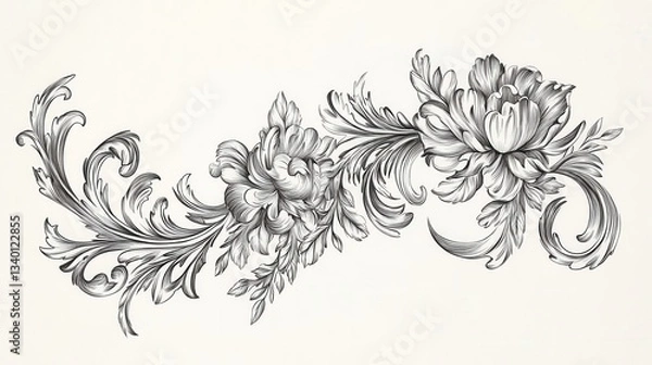 Obraz Detailed monochrome floral flourish illustrated with leaves and curls