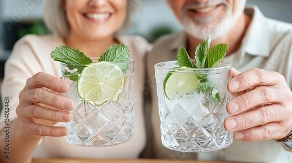 Fototapeta Close up of hands of elderly couple woman and man holding glasses with refreshing summer drink mojito with lime, ice and mint.